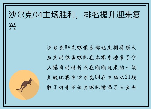 沙尔克04主场胜利，排名提升迎来复兴