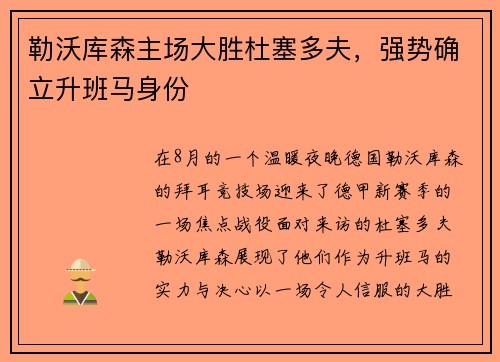 勒沃库森主场大胜杜塞多夫，强势确立升班马身份