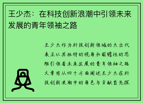 王少杰：在科技创新浪潮中引领未来发展的青年领袖之路