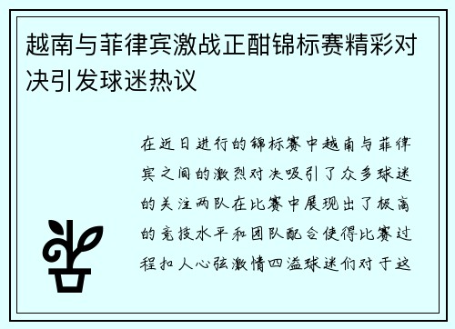 越南与菲律宾激战正酣锦标赛精彩对决引发球迷热议