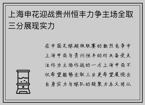 上海申花迎战贵州恒丰力争主场全取三分展现实力