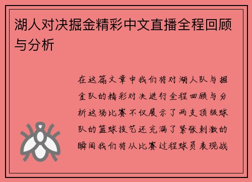 湖人对决掘金精彩中文直播全程回顾与分析