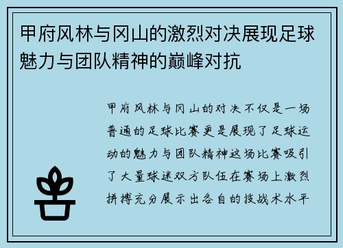 甲府风林与冈山的激烈对决展现足球魅力与团队精神的巅峰对抗