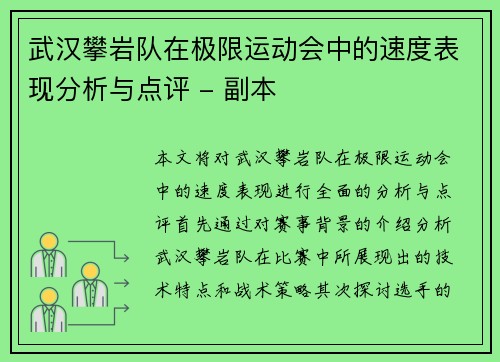 武汉攀岩队在极限运动会中的速度表现分析与点评 - 副本