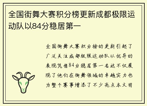 全国街舞大赛积分榜更新成都极限运动队以84分稳居第一